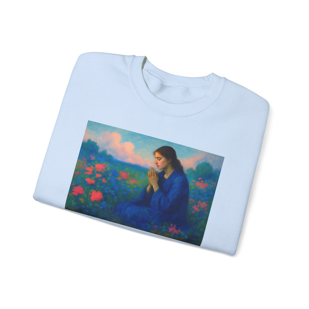 Praying Woman in Wildflowers | Crewneck Sweatshirt | Christian Art | Faith-Inspired