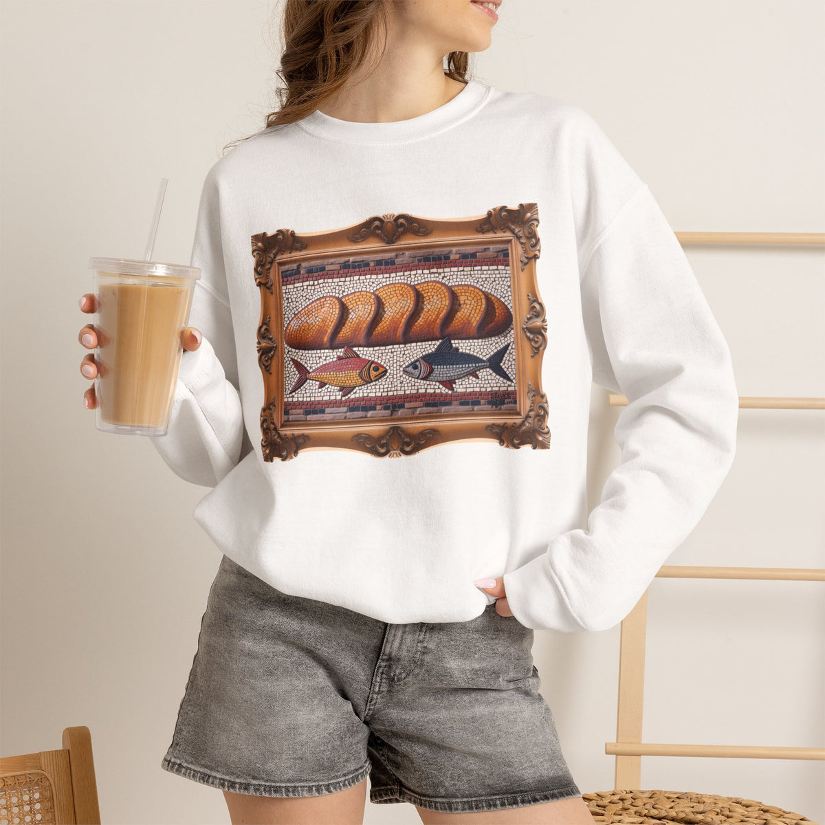 Five Loaves and Two Fish Mosaic - Framed - Crewneck Sweatshirt | Roman-Era-Inspired Christian Art