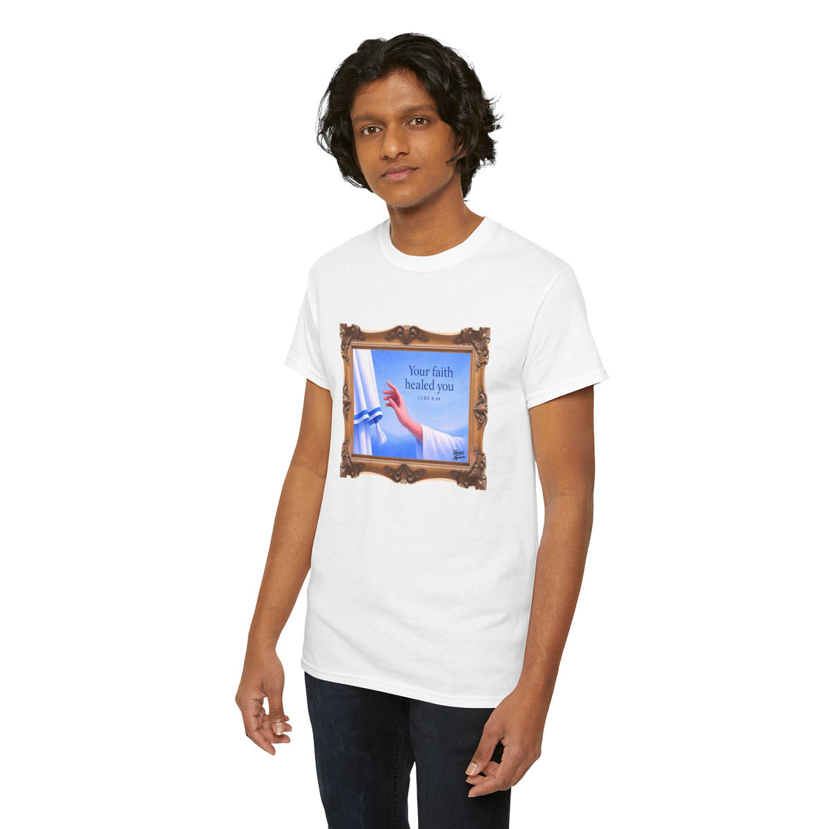 Your Faith Healed You (Luke 8:48) - Framed - T-Shirt | Religious Inspirational Tee, Jesus in Bible Artwork