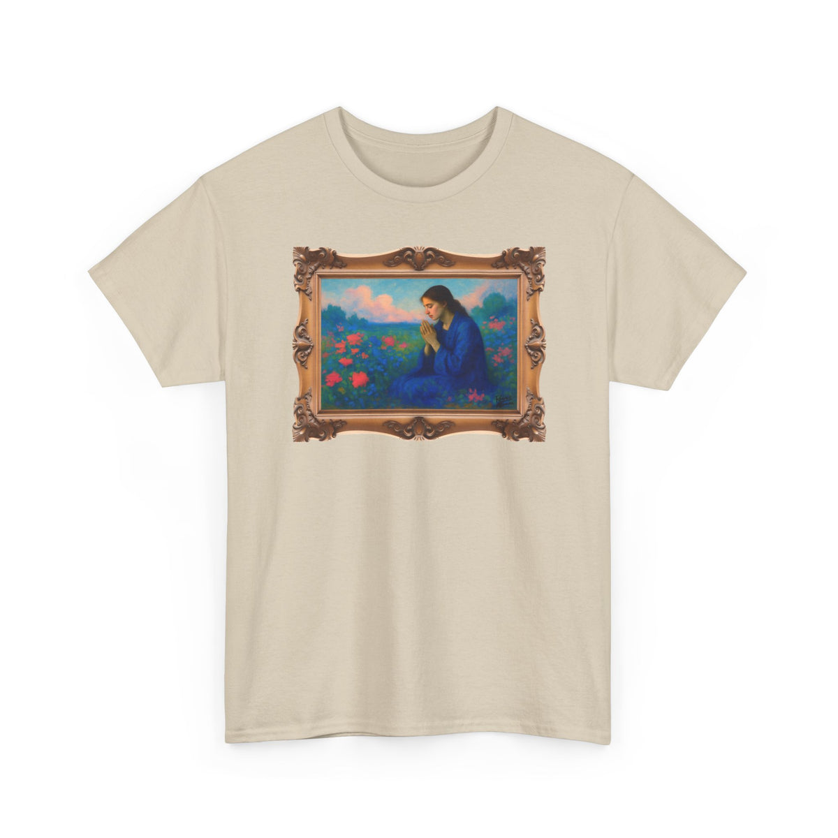 Praying Woman in Wildflowers - Framed - T-Shirt | Religious Inspirational Tee, Prayer Shirt