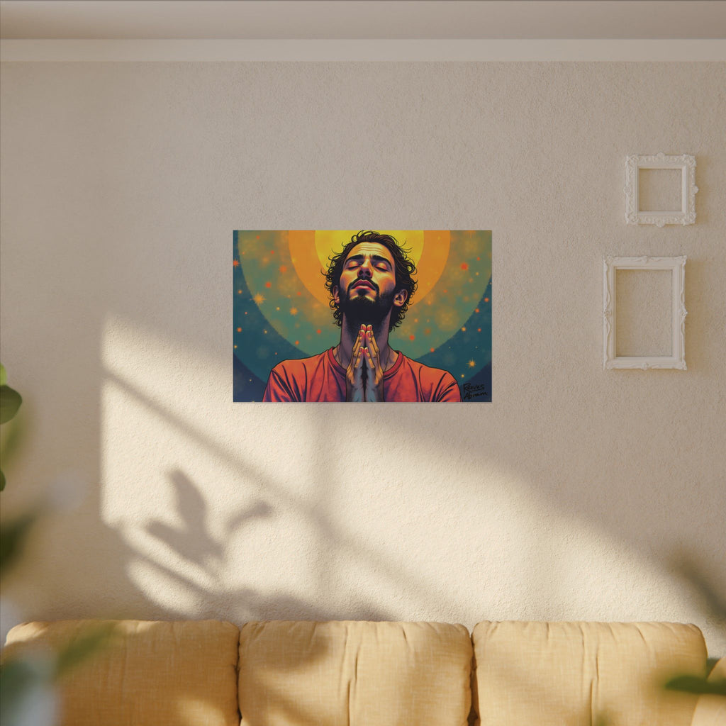 Praying Man - Serenity in Cosmic Light | 36" x 24" Canvas (Horizontal) | Christian Wall Art | Illustration