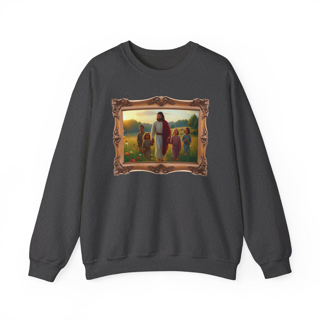 Jesus with Children in Wildflowers - Framed | Crewneck Sweatshirt | Christian Art | Faith-Inspired